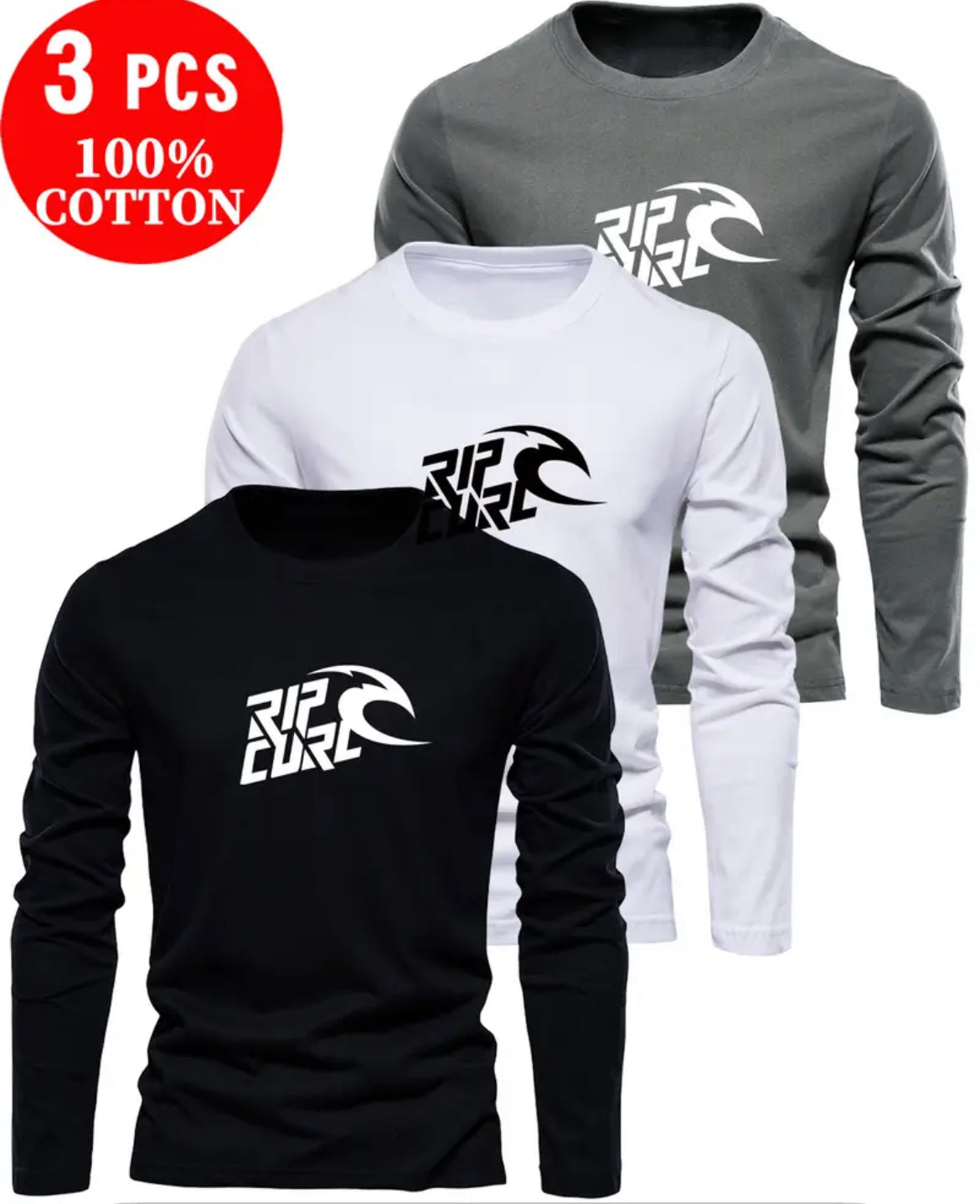 🖤 Lot de 3 Manche Long RIP CURL – 100 % Coton 🌊 (PRÉCOMMANDE)