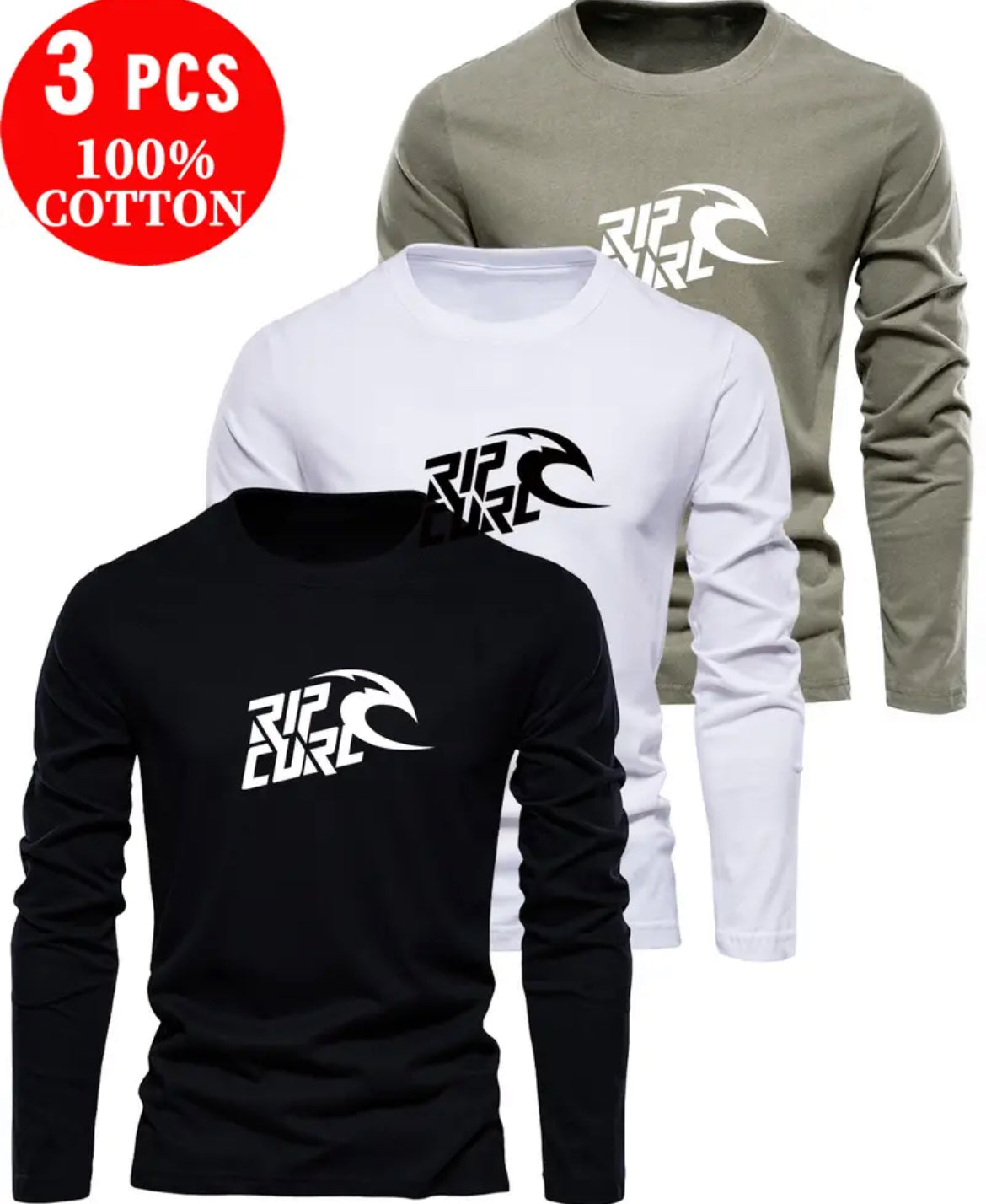 🖤 Lot de 3 Manche Long RIP CURL – 100 % Coton 🌊 (PRÉCOMMANDE)